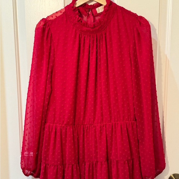 EUC- Altar’d State Red Swiss Dot Tiered Long Sleeve Mini Dress - Picture 4 of 13
